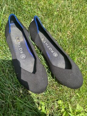 Rothy's Black Knit Pointed Toe Flats with Blue Trim 7